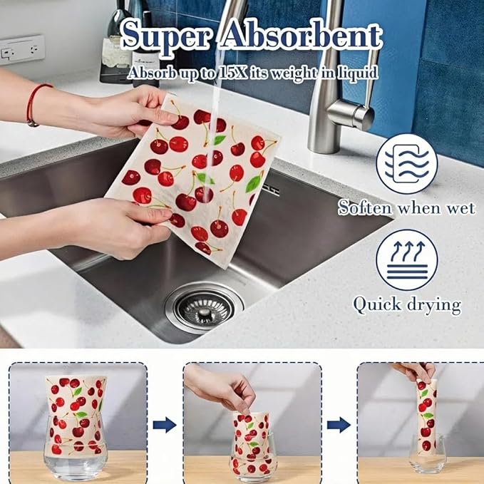 Swedish Dishcloths & Cleaning Cloths for Kitchen, 8 Pack - Reusable, Super Absorbent, Cellulose, Odor-Free, Biodegradable, Washable & Dishwasher Safe (Fruit Printed Design)