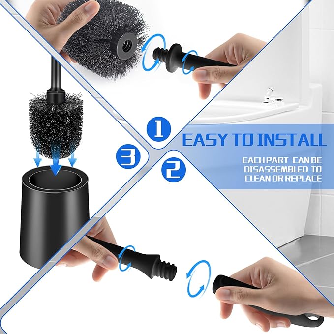 2 Pack Toilet Brush and Holder Set, Long Handle, Non-Slip Grip, Nylon Bristles, Deep Cleaning for Bathroom, Toilet Scrubber- Black