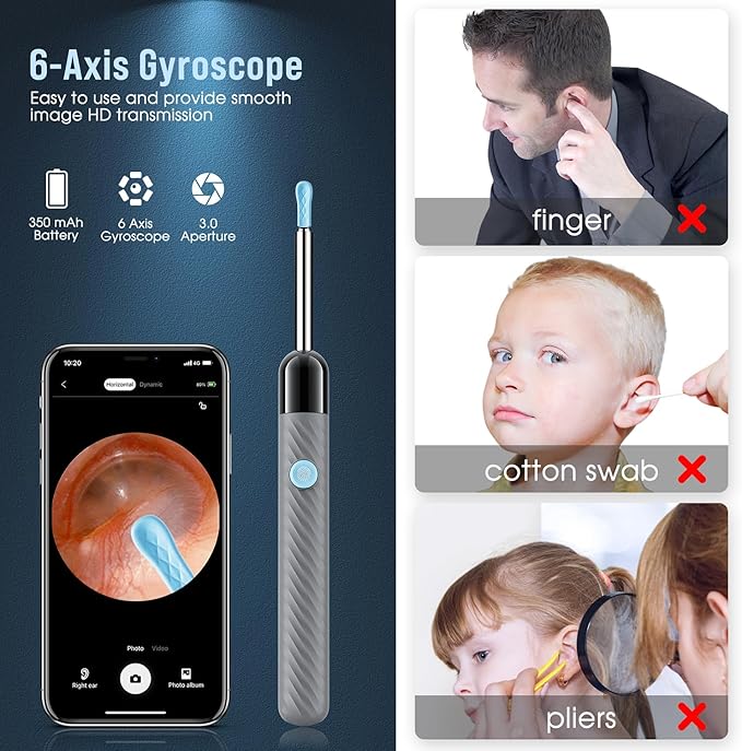 LEIPUT Ear Wax Removal - Earwax Remover Tool with 8 Pcs Ear Set - Ear Canal Cleaner with 1080P Camera - Ear Cleaning Kit with 6 Ear Spoon - Ear Camera for iOS & Android (Grey)
