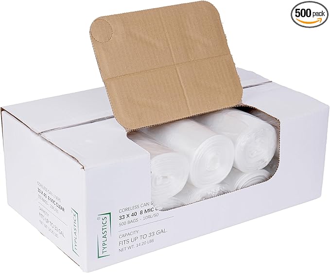 TYPLASTICS 33 Gallon Clear Trash Can Liners - 33" x 40" - High Density Garbage Bags - Case of 500 - Multipurpose for Office, Outdoor, Recycling, Industrial and Commercial