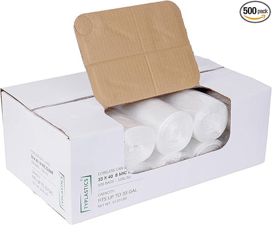 TYPLASTICS 33 Gallon Clear Trash Can Liners - 33" x 40" - High Density Garbage Bags - Case of 500 - Multipurpose for Office, Outdoor, Recycling, Industrial and Commercial