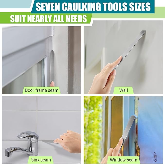Saillong 7PCS Caulking Spatula Tool Set, Professional Stainless Steel Caulk Finishing Tools, Multifunctional Streamline Caulk Spatula, From 3/8” To 1-1/2”, For Bathtub, Shower, Tile, Countertop