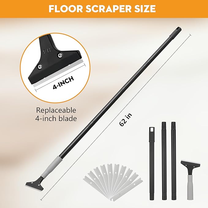 Heavy Duty 4-inch Razor Blade Floor Scraper, 62 Inch Long-Handle, Cleaning Glass Wall Scraper, with 10 Blades, Painting Stripping Tools, Tile, Floors, Walls