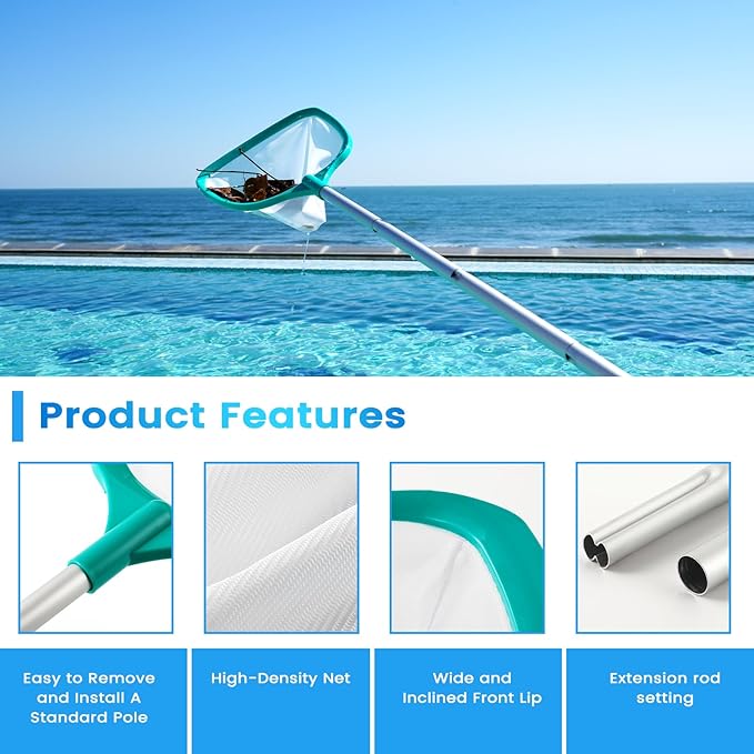 Pool Skimmer - Pool Skimmer Net with 5 Aluminum Pole Sections 67'', Skimmer Net with Fine Mesh Net for Cleaning Leaf of Swimming Pools, Spas, Hot Tubs and Fountains