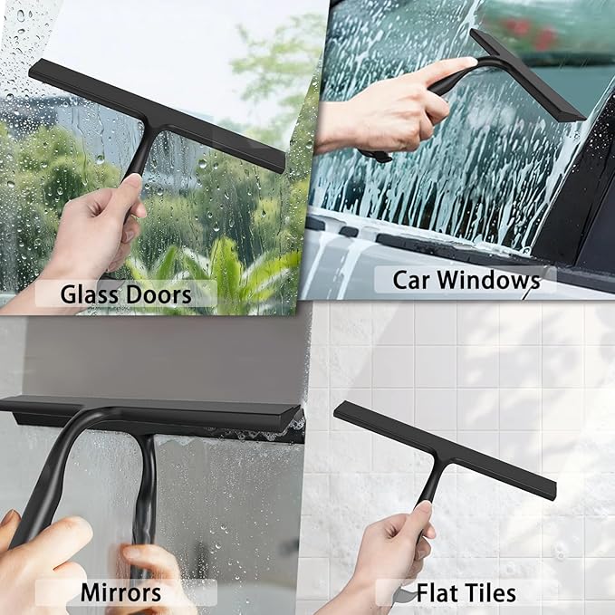 Shower Squeegee for Glass Doors,2-in-1 Silicone Shower Squeegee with Hook,Hang Anywhere | Streak-Free Bathroom Squeegee | Household Window Mirror Squeegee for Bathroom,Glass,Tile Wall,Car | Black