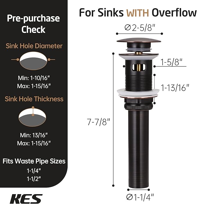 KES Bathroom Faucet Vessel Vanity Sink Pop Up Drain Stopper with Overflow Oil Rubbed Bronze, ALL Metal Rustproof Brass and 304 Stainless Steel, S2008A-ORB