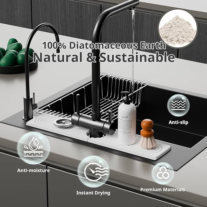 Quick Dry Sink Splash Guard - 15.8" Instant Dry Diatomaceous Earth Sink Faucet Mat for Kitchen and Bathroom Faucets - Highly Absorbent Faucet Mat, White