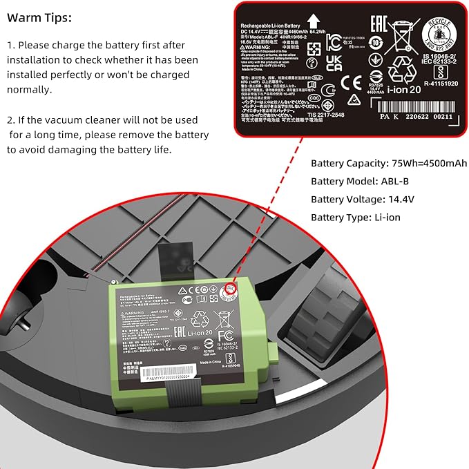 for Roomba S9 Plus Battery Replacement, ABL-B Li-ion Batteria Compatible with iRobot S9+ 9150 9550 S955020 S955880 Vacuum Cleaners High Capacity 4500mAh