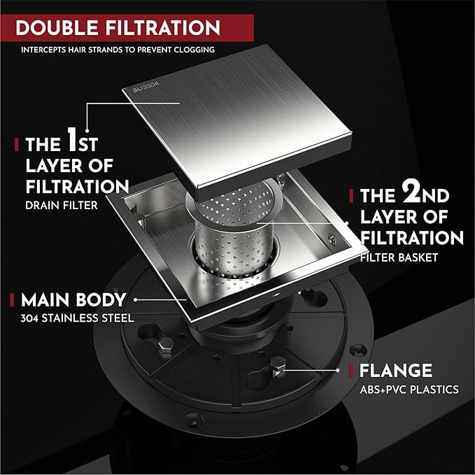 WEBANG 4 Inch Square Shower Drain Brushed Floor Drain with Flange Reversible 2-in-1 Cover Tile Insert Grate Removable SUS304 Stainless Steel CUPC Certified Brushed