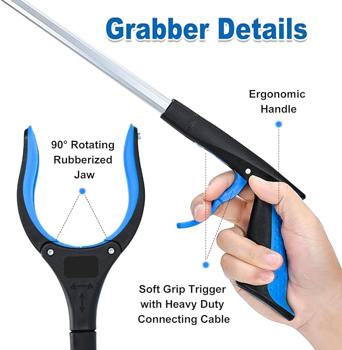 Grabber Reacher Tool,32 Inch Extra Long Foldable Pick Up Stick with Strong Grip Magnetic,360°Rotating Anti-Slip Jaw,Trash Claw Grabber Tool,Trash Picker Tool for Outdoor & Indoor (Blue2)