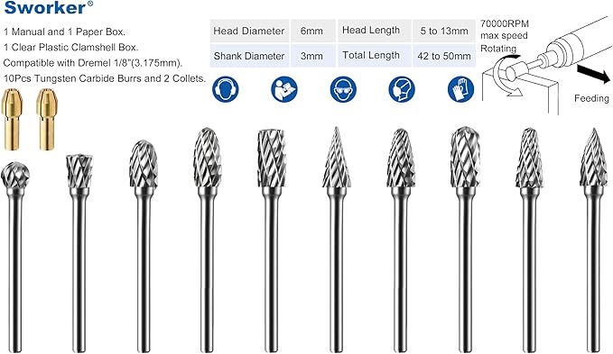 Sworker 10 Pcs Carbide Burr Set 1/8" Shank w/ 2 Collets Compatible with Dremel Bits Rotary Tools Attachment Kit Rasp Drill File Accessories Metal Wood Stone Steel Grinding Carving Cutting Polishing