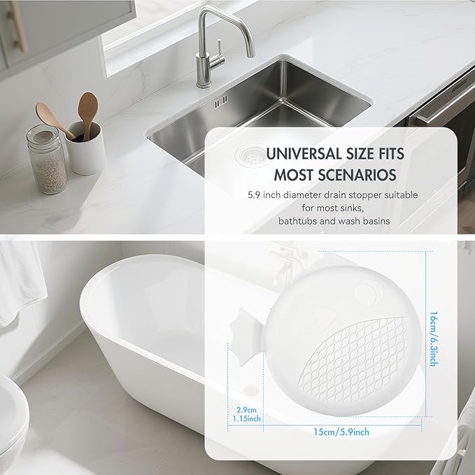 TRAPMATE Bathtub Drain Stopper, Patented 5.9" Suction Tub Plug Drain Cover for Shower, Bath, Kitchen Sink, 3 Pack, White