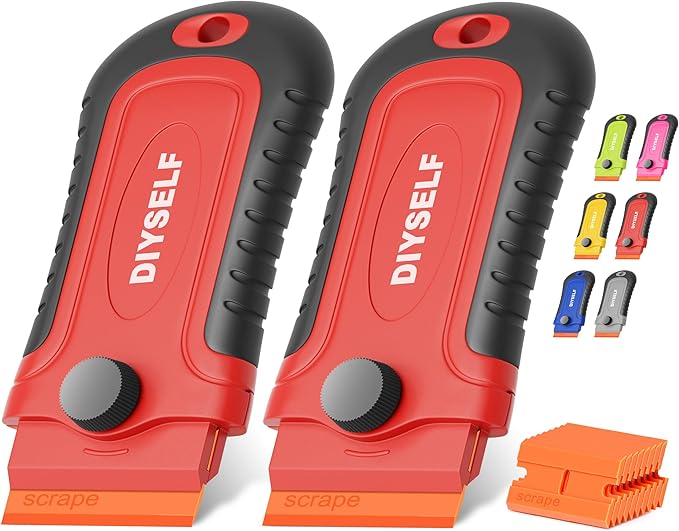 DIYSELF 2 Pcs Plastic Razor Blade Scraper with 10 Pcs Blades, Plastic Scraper Tool for Adhesive Remover, Scrapers for Cleaning Stickers, Decals, Glass, Windows, Car, No Scratches (Red)