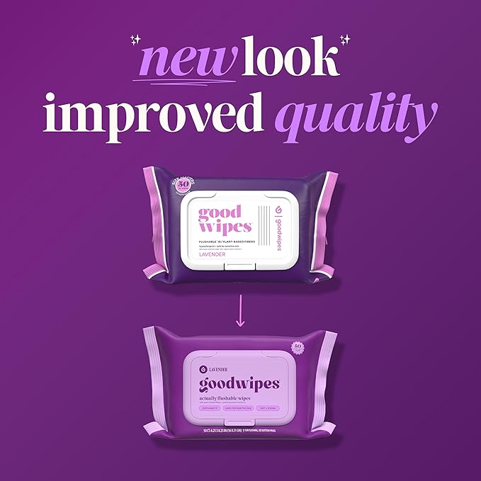 goodwipes Flushable Wipes - Lavender Wet Wipes for Adults, Sewer & Septic Safe, Guest Bathroom Essentials for Women & Men, pH Balanced & Extra Large, 153 Count (3 Packs and 3 Singles)
