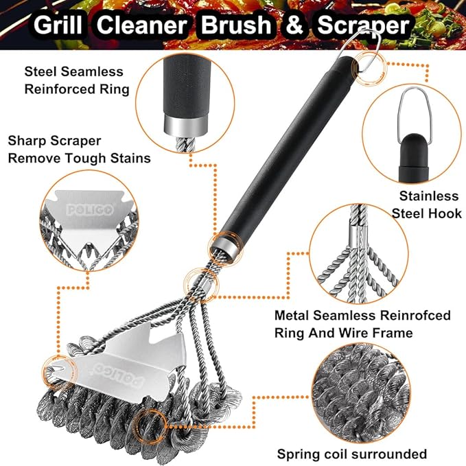 POLIGO BBQ Grill Cleaning Brush Bristle Free & Scraper - Triple Helix Design Barbecue Cleaner - Non-Bristle Grill Brush and Scraper Safe for Gas Charcoal Porcelain Grills - Ideal Grill Tools Gift