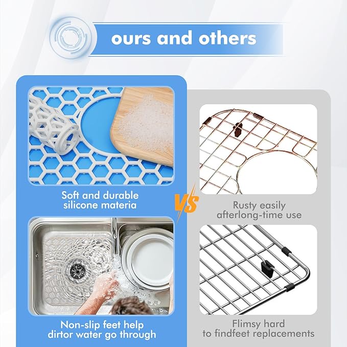 Silicone Sink Protectors for Kitchen Sink - 12" x 11" Kitchen Grid Accessory, Non-Slip Heat-Resistant Mat for Bottom of Porcelain Stainless Steel, Dishwasher Safe (White)