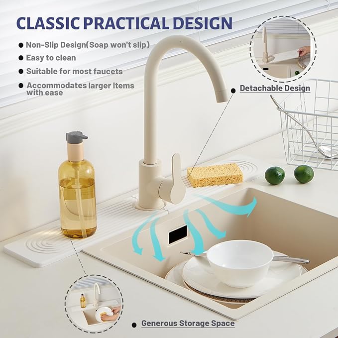 Stone Faucet Mat for Kitchen Sink, Faucet Mat Fast Drying Diatomite, Sink Splash Guard Water Absorbing Stone Tray for Sink, Counter Protector for Kitchen & Bathroom