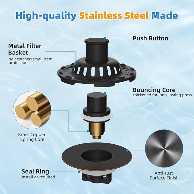 Universal Bathtub Drain Stopper Shower Hair Catcher Bathroom Sink Strainer, Tub Stopper with Visible Top Strainer, Brass Metal 3 in 1 Pop-up Stopper for Standard 1.1''~2.36'' Hole, Oil Rubbed Bronze