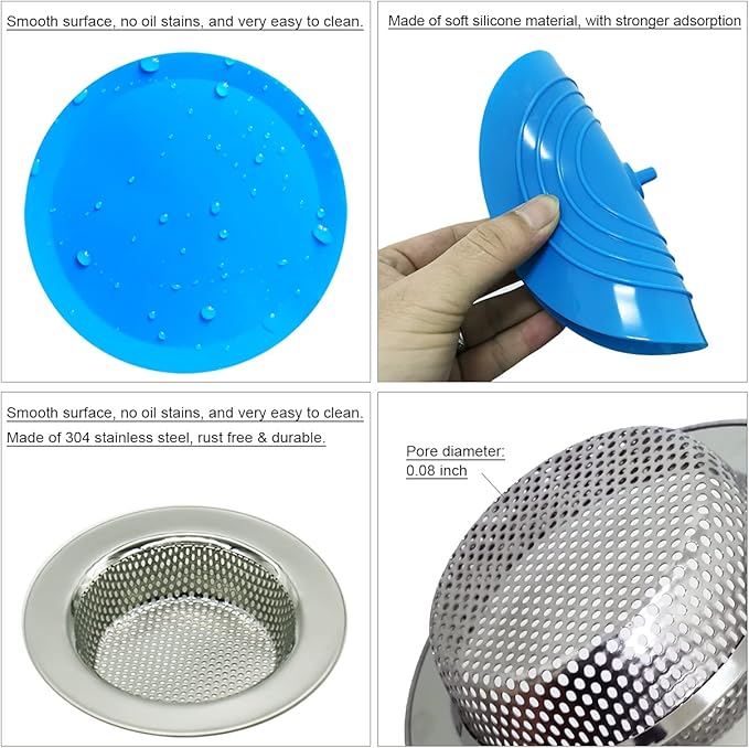 4PCS Kitchen Sink Strainer Stopper Kit, Universal Silicone Sink Drain Plug Cover, Drain Water Stopper, 4.5 Inch Stainless Steel Sink Drain Strainer, Food Debris Catcher for Kitchen
