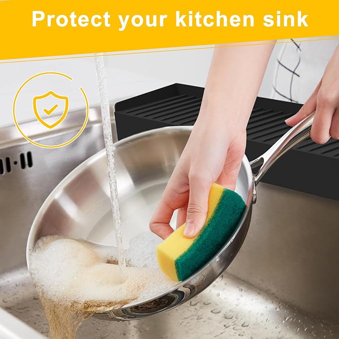 Silicone Sink Edge Protectors - Multifunction Accessories, Splash Guard & Draining Mat for Kitchen, Bathroom Sink, Steel, Granite, Quartz Countertops (Black, 4 * 24in)
