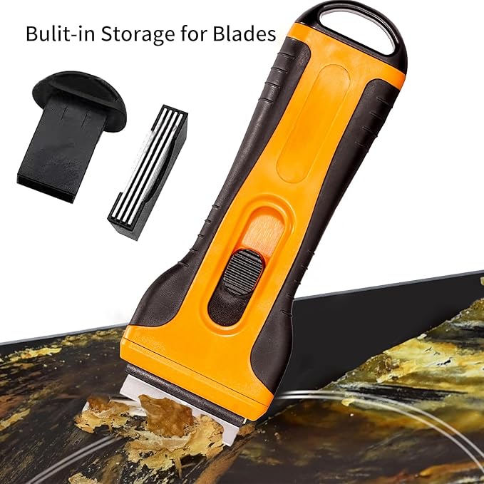 Razor Blade Scraper Tool Cleaning Sticky Residue Cooking Stains Paint on Glass Window Multi-Surface Handy Paint Scraper with 15pcs SK5 Blades 2pcs Crevice Cleaning Brush Included