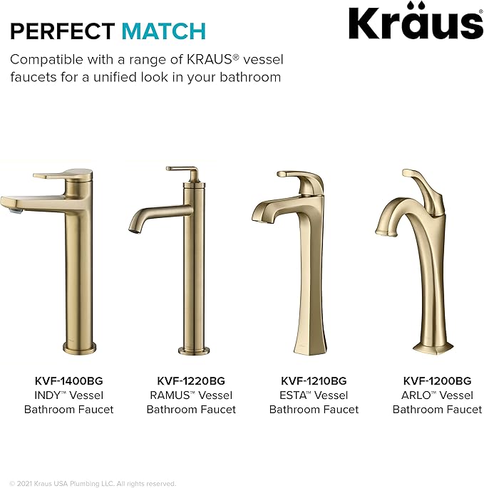KRAUS Bathroom Sink Pop-Up Drain Assembly in Brushed Gold for Vessel Sinks and Sinks without Overflow, with Extended Thread for Thicker Countertops, PU-L10BG