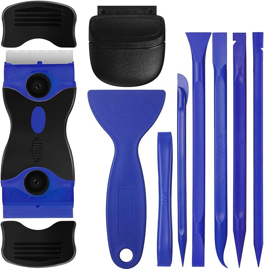Tallew 9 Pcs Plastic Scraper Tool Sticker Plastic Razor Blade Scraper Plastic Pick Plastic Non Scratch Tool Putty Knife for Window Floor Label Removal Paint Cleaning(Dark Blue)