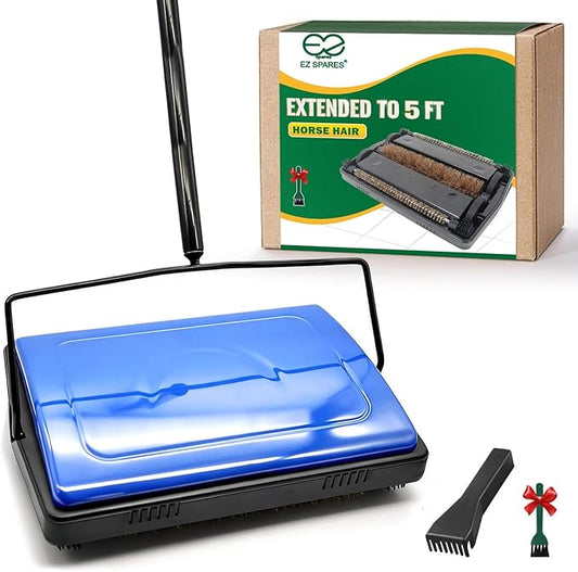 EZ SPARES Horsehair Carpet Sweeper Cleaner-5FT with Extension Pole for Any Height,Natural Water-Absorbent Horsehair Brush for Wet&Dry Spills, Soft on Carpet&Hardwood, Pet Hair Cleaner for Home(Blue)