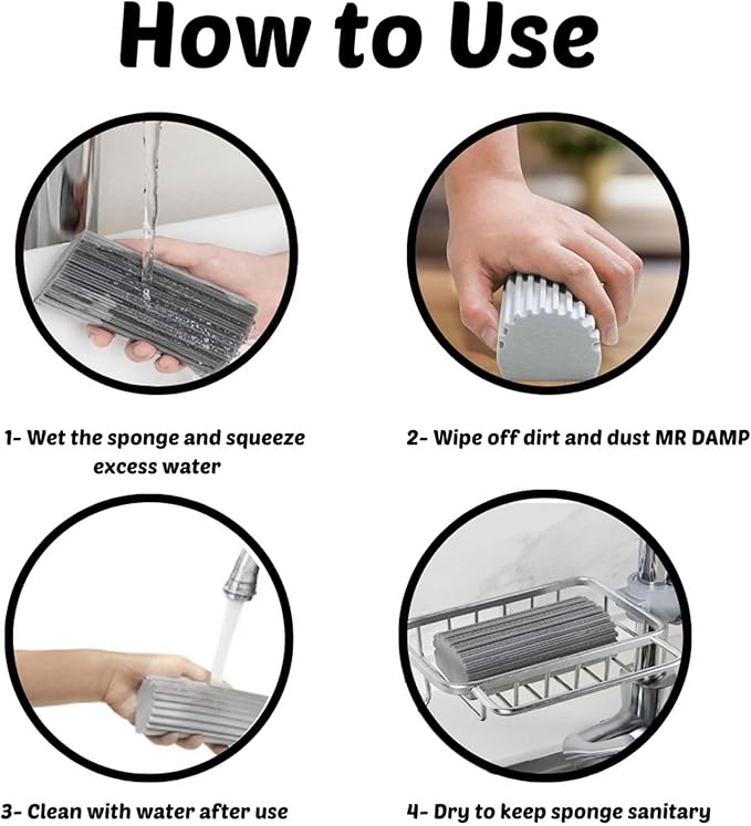4-Pack Damp Clean Duster Sponge and 1- Pack Cellulose Dishwasher Sponge, Brush for Cleaning Blinds, Glass, Baseboards, Vents, Railings, Mirrors, Window Track Grooves and Faucets