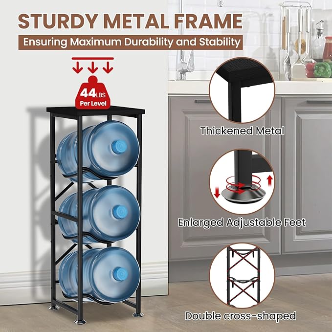 5 Gallon Water Jug Holder, 3-Tier Water Bottle Holder with Wood Top Shelf, Heavy Duty Water Cooler Jug Rack, Storage Stand for Kitchen Office and Living Room, Black