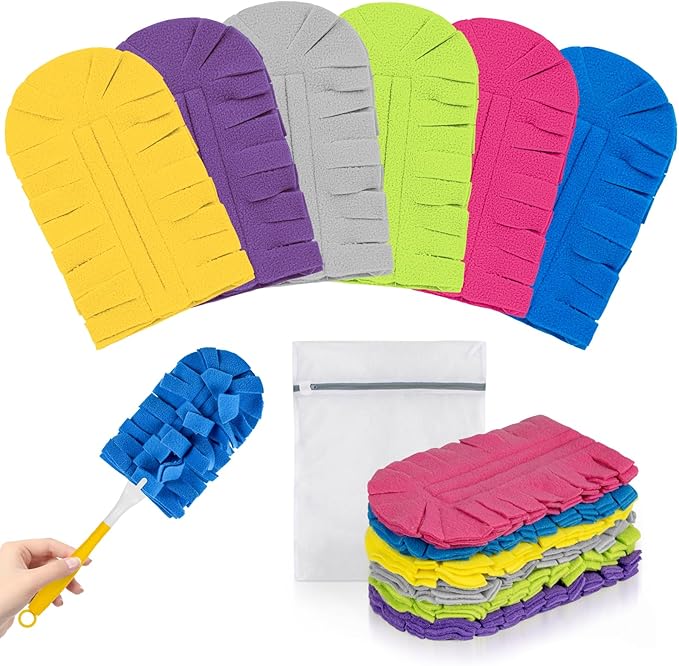6 PCS Fleece Reusable Duster Refills for Swiffer, Washable 360 Dusters for Cleaning, Fans, Floors, Blinds, Windows (Include 1 Handle & Laundry Bag)