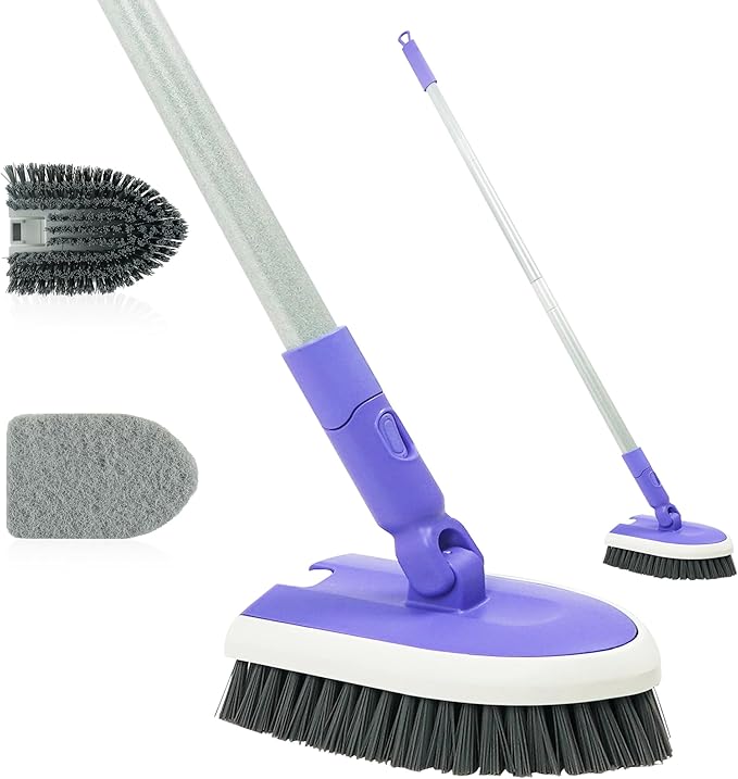 Tile Tub Scrubber Brush with 46.8" Extendable Long Handle, Shower Scrubber Cleaning Brush with 2 Different Function Cleaning Heads for Cleaning Bathroom Kitchen Wall Bathtub Floor