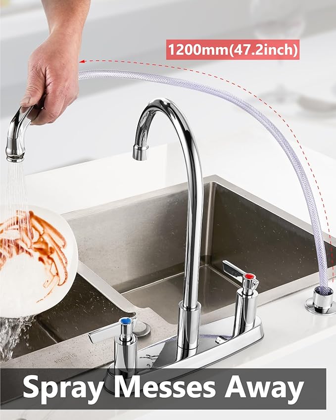Kitchen Faucet with Sprayer 2 Handle Kitchen Sink Faucets 8 Inch Centerset 3 Hole with Supply Lines Polish Chrome