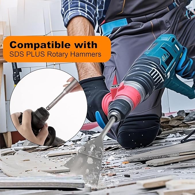 SDS Plus Floor Scraper Kit, 5 Inch x 11 Inch Tile Removal Tool with Spare Blades for Rotary Hammer Drill, Thinset Vinyl Scraper Adhesives Remover