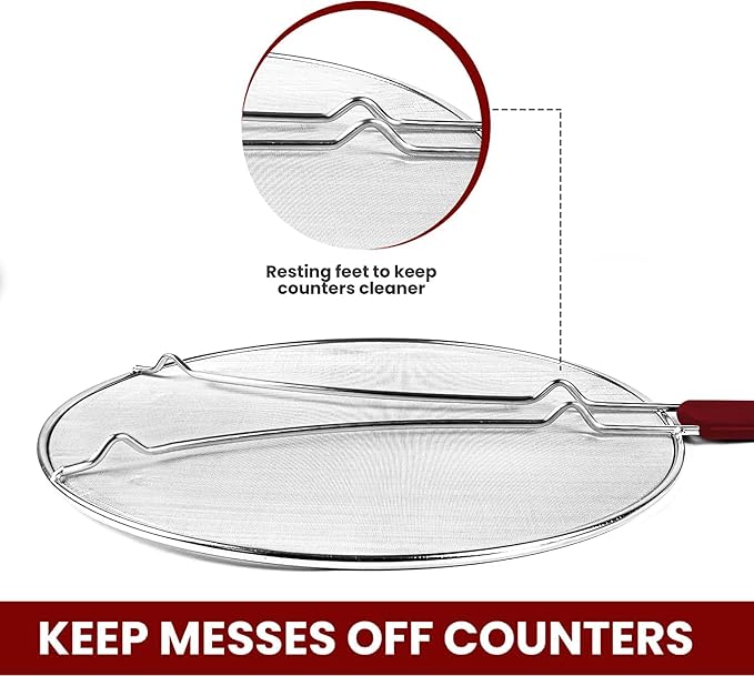 13" Grease Splatter Screen for Cooking | Stainless Steel Oil Splatter Guard and Ultra-Fine Mesh Protects Skin from Burns | TPR Tight-Grip Handle (Red)