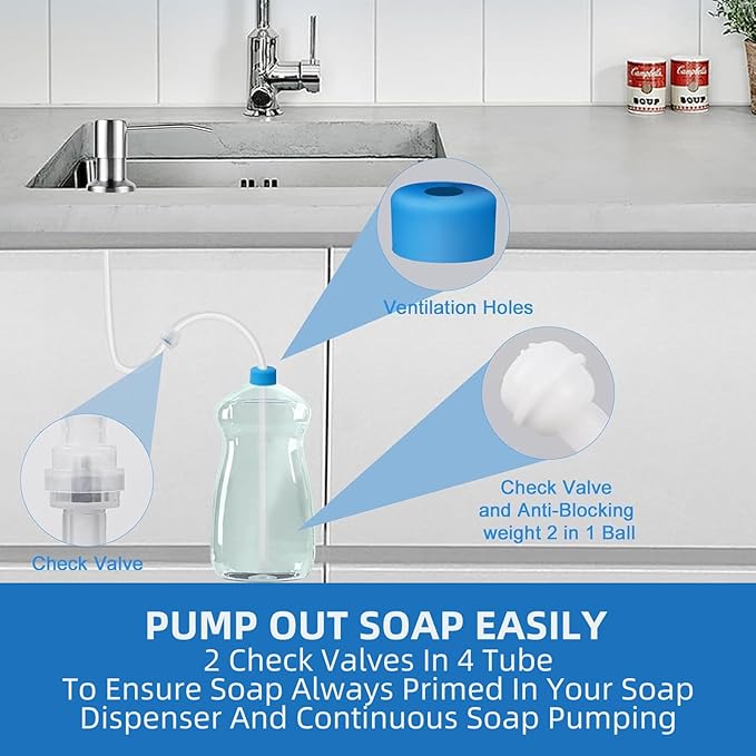 39" Under Sink Soap Dispenser Kit with Check Valve, Premium Food-Grade Silicone Tube & Universal Caps, Converts Countertop Dispenser to Use Large Bulk Bottles (Single-Tube)