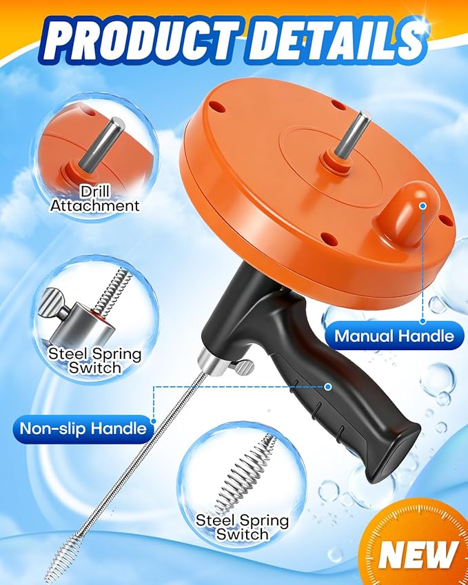 Drain Auger, Plumbing Snake with Drill Adapter, 25 ft Flexible Drain Snake Clog Removal Tool Use Manually or Powered for Kitchen Bathroom Shower Sink, Come with Gloves and Cloth Bag