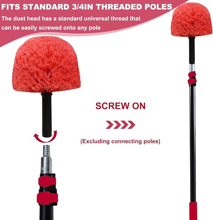Twist-On Cobweb Duster Head Brush - Indoor & Outdoor Spider Web Cleaning Solution - Fits Standard Acme Threaded Poles - Durable & Versatile Spider Web Corner Cleaner Duster Brush Head Only - Red