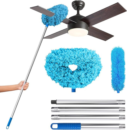 DRQ Ceiling Fan Cleaner Duster, 2 Pack Reusable Microfiber Duster with Extension Pole, 13 to 48 Inch Fan Blade Cleaner, Removable Dusters for Cleaning Walls Bookshelves Door Window Top (Blue)