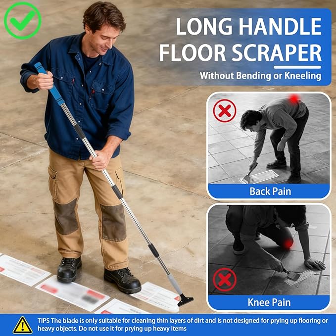 4"Razor Blade Floor Scraper with Long Handle,61in Adjustable Floor Scraper Heavy Duty with 10PCS Extra Metal Blades Paint Scraper for Cleaning Stickers Gum Glass Wall Tile Linoleum Stove Top