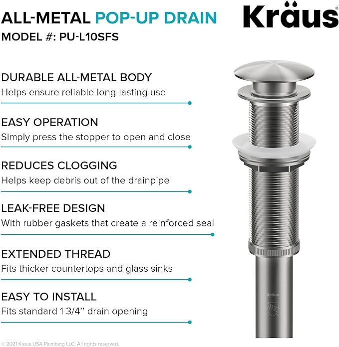 KRAUS Pop-Up Drain in Satin Nickel, PU-10SN