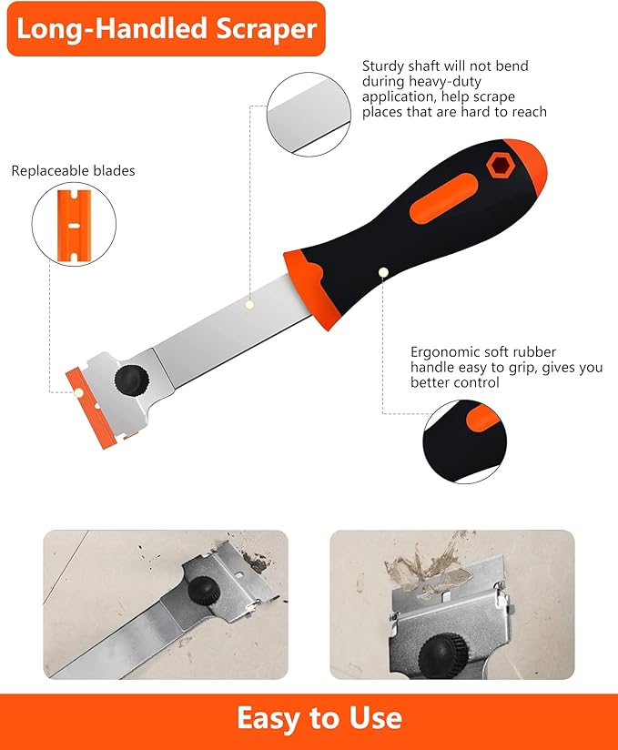 Razor Blade Scraper, Long Handle Scraper Tool with 10 Plastic and 10 Metal Blades - Ideal for Removing Labels, Stickers, Appliance Grease, and More from Windshields, Tint, and Glass (Orange)