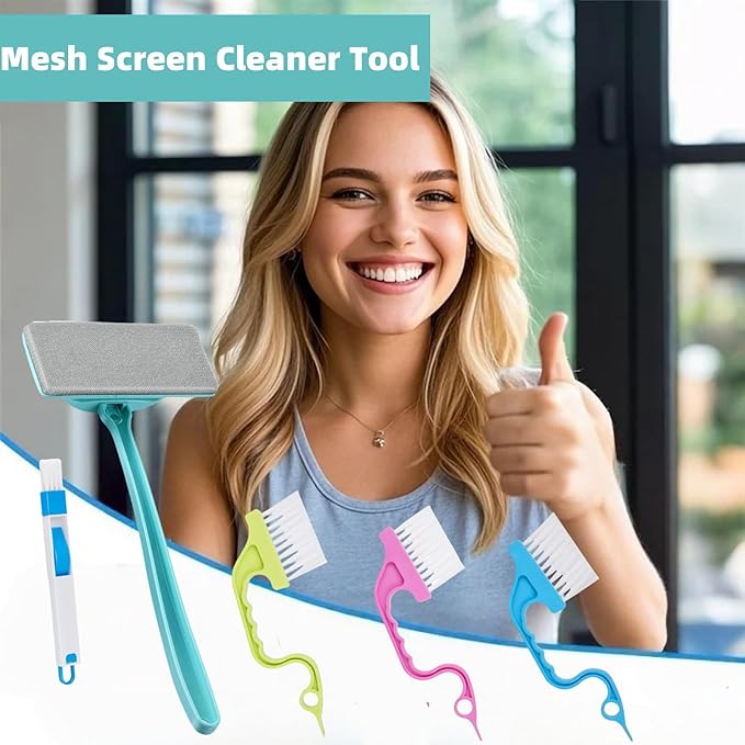 5 Pack Window Cleaning Brush Tool Kit, Dry and Wet Use Window Mesh Screen Cleaner, Detachable Handle, Multi-Functional Window Track Cleaning Brush for Window Sills and Grooves