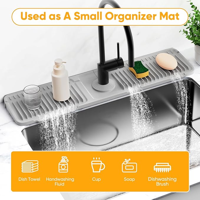 24'' Folding Faucet Mat for Kitchen Sink Splash Guard[7° Slope Fast Self-draining][Snap Lock Fit] Kitchen Sink Faucet Mat Splash Guard Kitchen Sink Area Water Splash Guard Behind Faucet Draining Mat