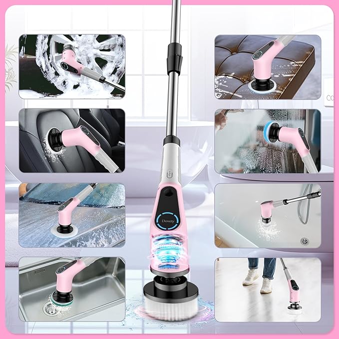 Electric Spin Scrubber, Cordless Cleaning Brush, Shower Scrubber with 8 Replaceable Brush Head, Power Cleaning Brush with Extension Handle, 2 Adjustable Speed, for Bathtub Tile Floor