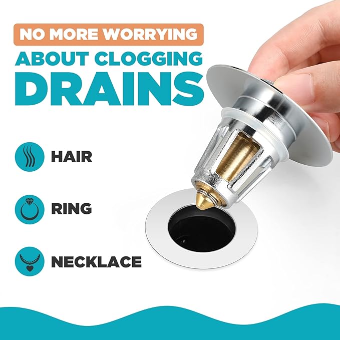 Universal Bathroom Sink Stopper, for 1.1-1.5 Inch Bullet Core Push Type Basin Pop Up Drain Filter, Bathtub Converter Sink Drain Strainer Plug No Overflow with Basket Hair Catcher