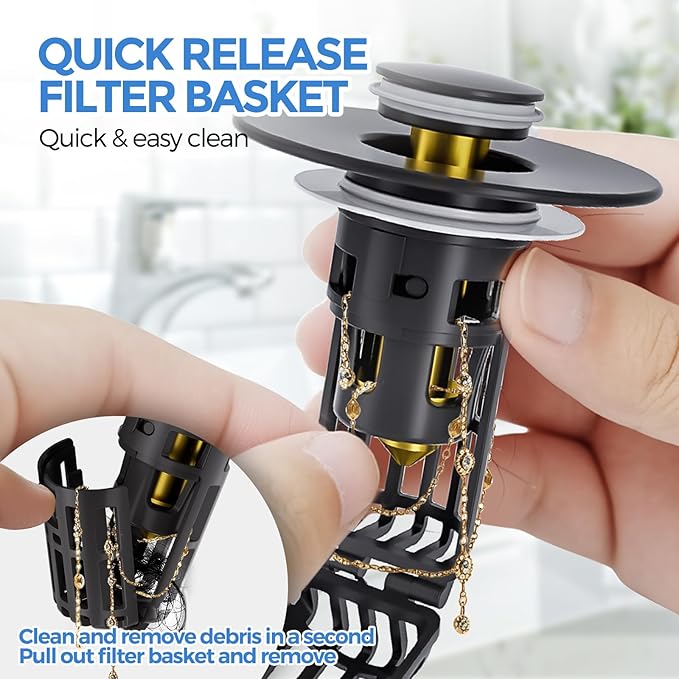 zaa Bathroom Sink Drain Strainer - Bathroom Sink Stopper, 2Pack Pop Up Sink Stopper with Removable Filter Strainer Basket for US Standard Bathroom Sink, Drain Plug Filter Replacement, Black