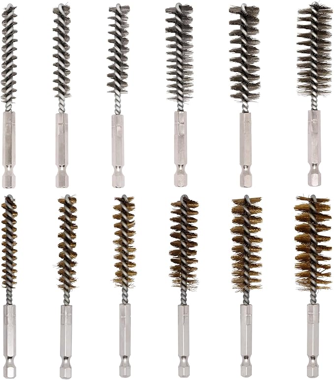 12pcs Bore Brush for Drill, 1/4" Hex Shank Stainless Steel Twisted Wire Brush for Drill, Bristle Round Wire Brush with Different Sizes, Tube Pipe Cleaner for Rust (Diameter 8,10,12,15,17,19mm)