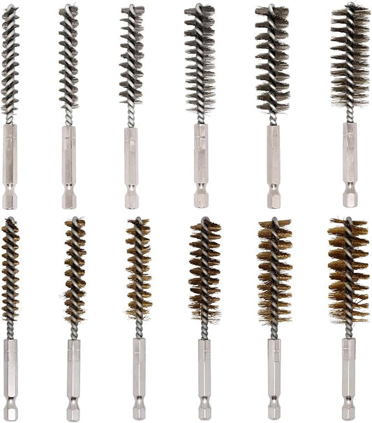 12pcs Bore Brush for Drill, 1/4" Hex Shank Stainless Steel Twisted Wire Brush for Drill, Bristle Round Wire Brush with Different Sizes, Tube Pipe Cleaner for Rust (Diameter 8,10,12,15,17,19mm)