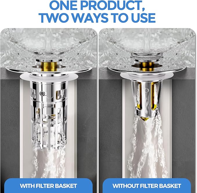 zaa Bathroom Sink Drain Strainer - (2 Pc) 3 in 1 Sink Stopper Bathroom Drain with Removable Filter Basket for Easy Clean, Pop Up Sink Drain Stopper for 1.1'' to 1.6'' Basin, Brass Core, 10000+ Tested